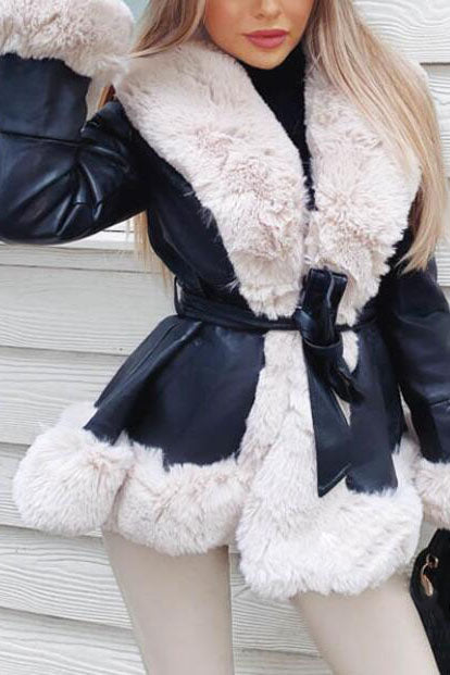 Goosudu Faux Fur Leather Jacket with Cord Long Outerwear