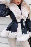Goosudu Faux Fur Leather Jacket with Cord Long Outerwear