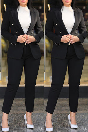 Goosudu Casual Solid Cardigan Pants Turn-back Collar Long Sleeve Two Pieces