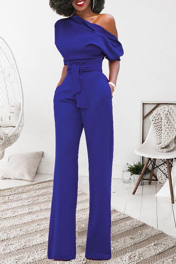 Goosudu Classic Solid Color Diagonal Belt Jumpsuit