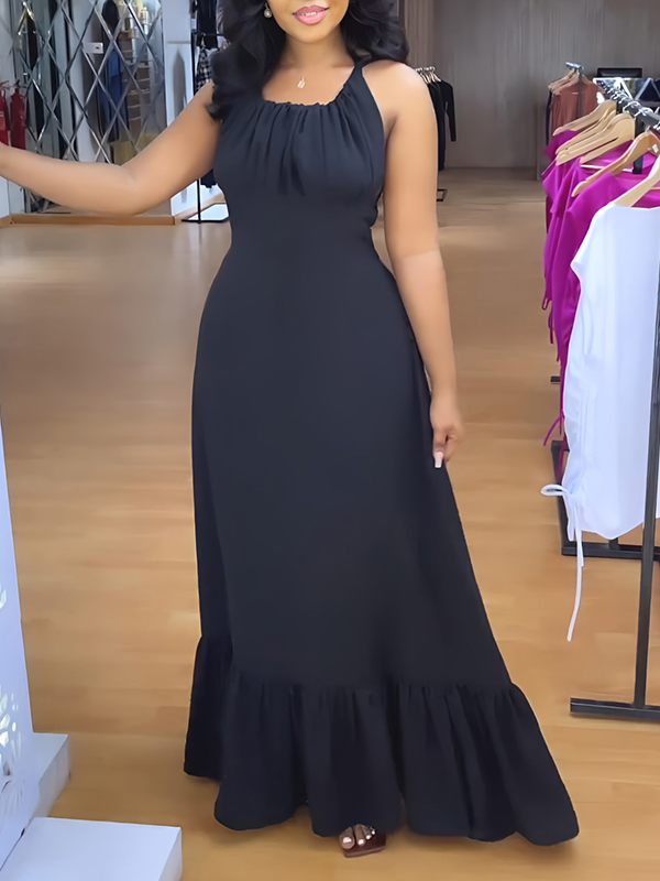 Goosudu Solid Open-Back Ruffle Dress