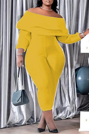 Goosudu Plus Size Off Shoulder Ruffled Long Sleeve Jumpsuit