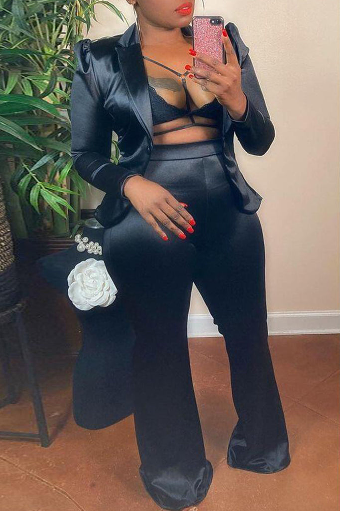 Goosudu Fashion Casual Solid Cardigan Pants Turndown Collar Long Sleeve Two Pieces