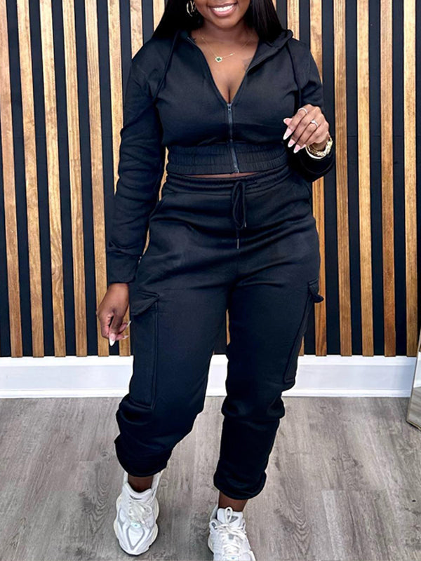 Goosudu Solid Zip-Front Hoodie & Cargo Jogger Pants set