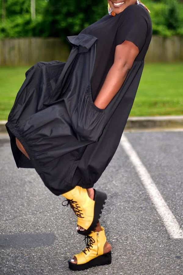 Goosudu Fashion Loose Pocket Splicing Asymmetrical Hem Dress