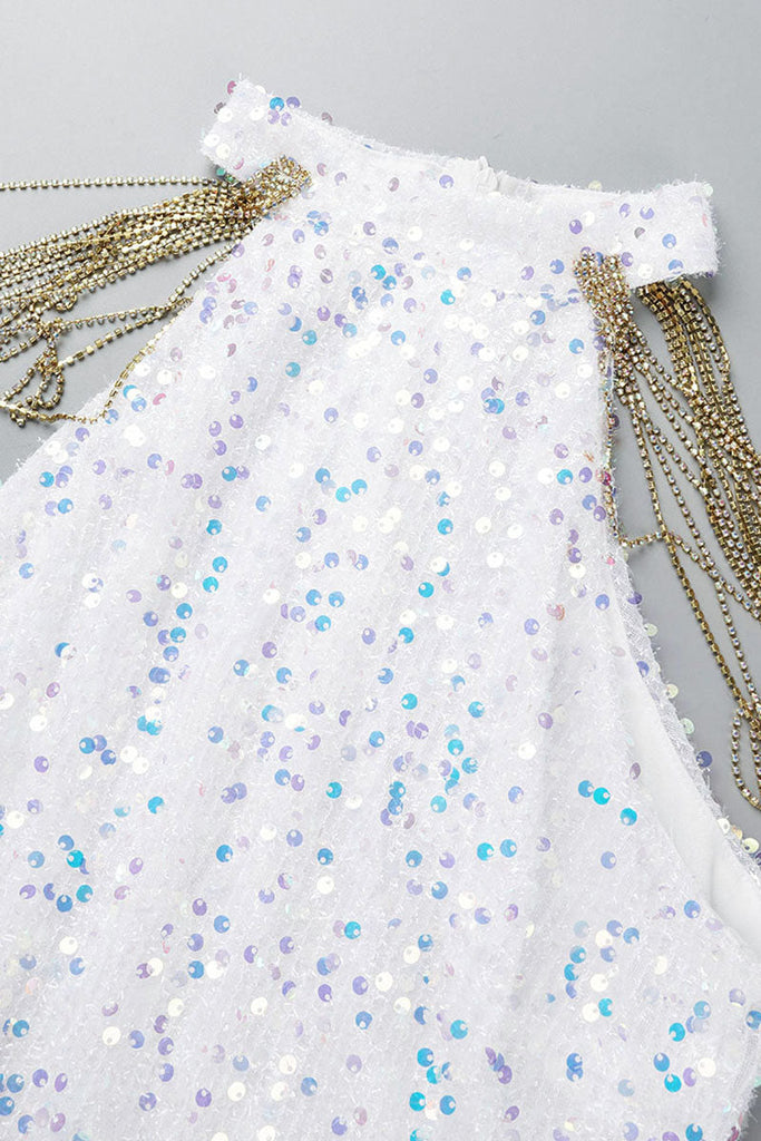 Goosudu Sexy Elegant Solid Sequins Patchwork Chains O Neck Pencil Skirt Dresses