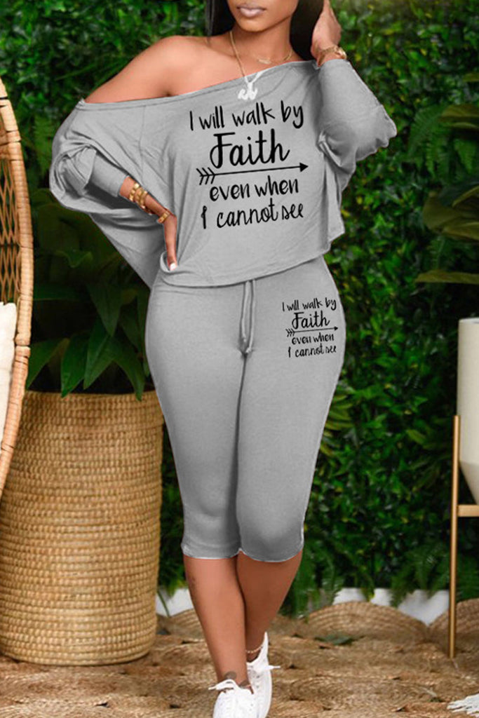 Goosudu Plus Size Casual Letter Patchwork Draw String Printing One Shoulder Plus Size Two Pieces