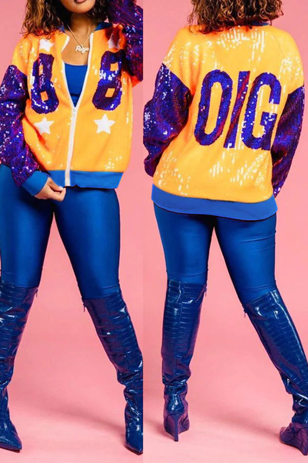Goosudu Color Block Patchwork Sporty Sequined Jacket