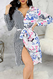 Goosudu Sexy Print Bandage Patchwork Buckle Shirt Collar Printed Dress Dresses