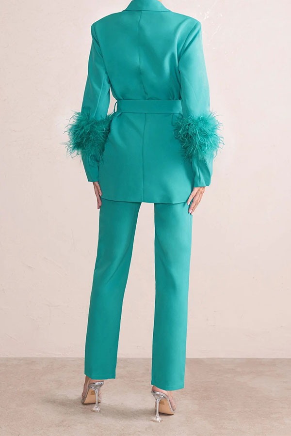 Goosudu Solid Color Feather Trim Elegant Belted Pant Suit