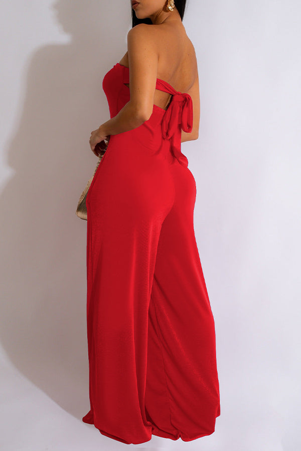 Goosudu Fashion Solid Color U-Shaped Buckle Wrap Chest Tie Rope Wide-Leg Jumpsuit