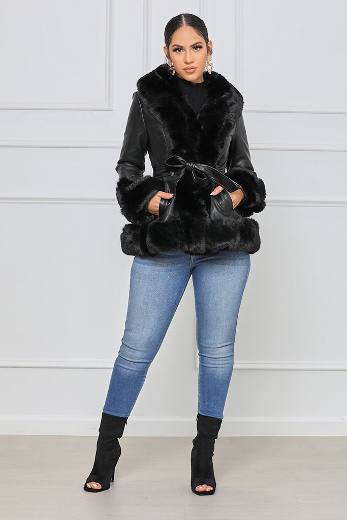 Goosudu Faux Fur Leather Jacket with Cord Long Outerwear