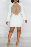 Goosudu Fashion Sexy Patchwork Hot Drilling See-through Pearl O Neck Long Sleeve Dresses