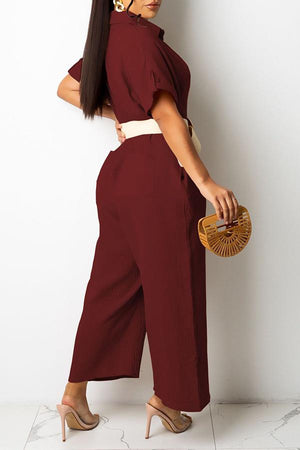 Goosudu Cotton Blend Shirt Collar Single-breasted Pocket Jumpsuit