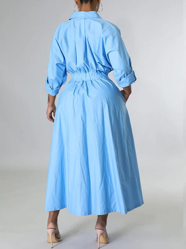 Goosudu Solid Cinched-Waist Shirt Dress