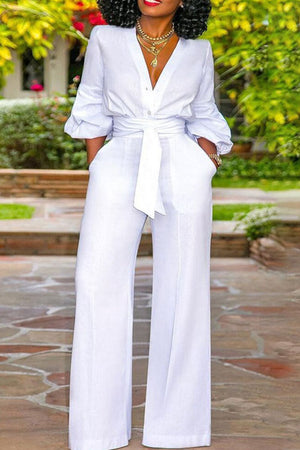 Goosudu Casual Solid Patchwork Buttons Without Belt V Neck Straight Jumpsuits