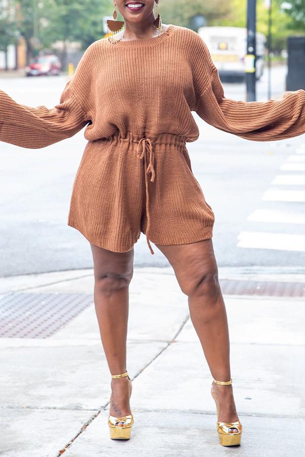 Goosudu Solid Color Drawstring Knit Sweater Romper