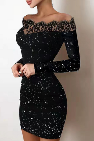 Goosudu Sexy Bronzing Patchwork Off the Shoulder Pencil Skirt Dresses