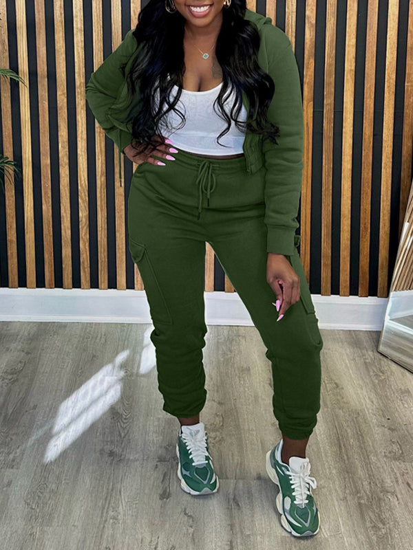 Goosudu Solid Zip-Front Hoodie & Cargo Jogger Pants set