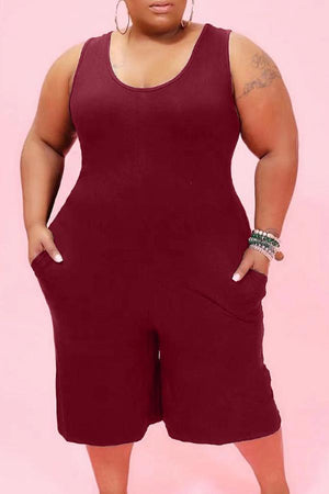 Goosudu Plus Size U Collar Sleeveless Pocket Plain Romper