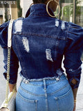 Goosudu Distressed Puff-Sleeve Denim Jacket