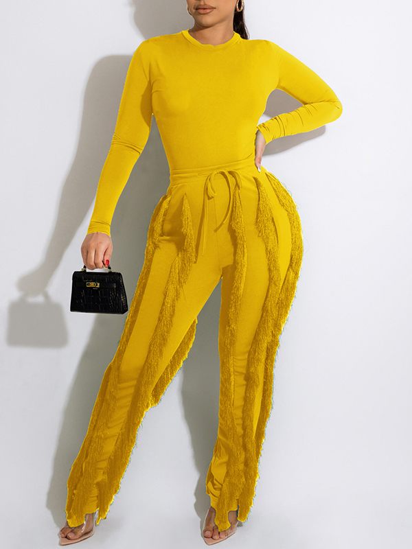 Goosudu Solid Bodysuit & Fringe Pants Set
