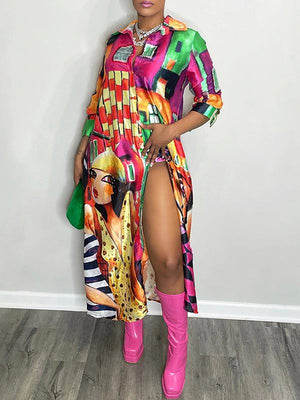 Goosudu Printed Side-Slit Shirt Dress