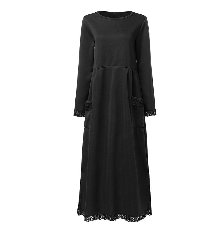 Goosudu Women's Winter Dress Crew Neck Long Sleeve Solid Lace Hem Maxi Dress