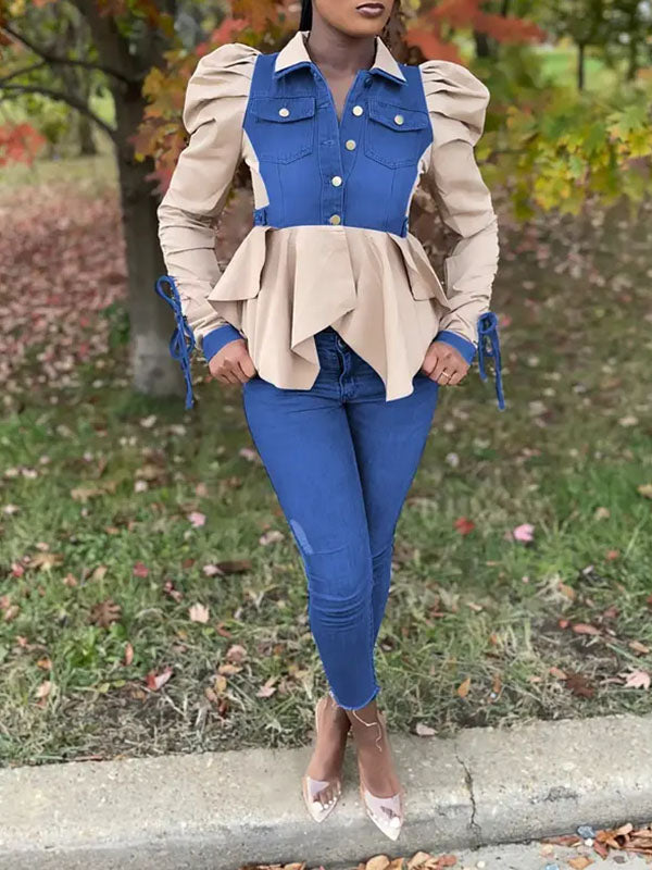 Goosudu Denim-Combo Puff-Sleeve Shirt