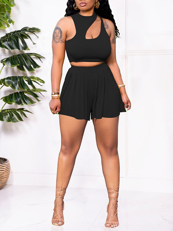 Goosudu Solid Cutout Tank Top & Shorts Set