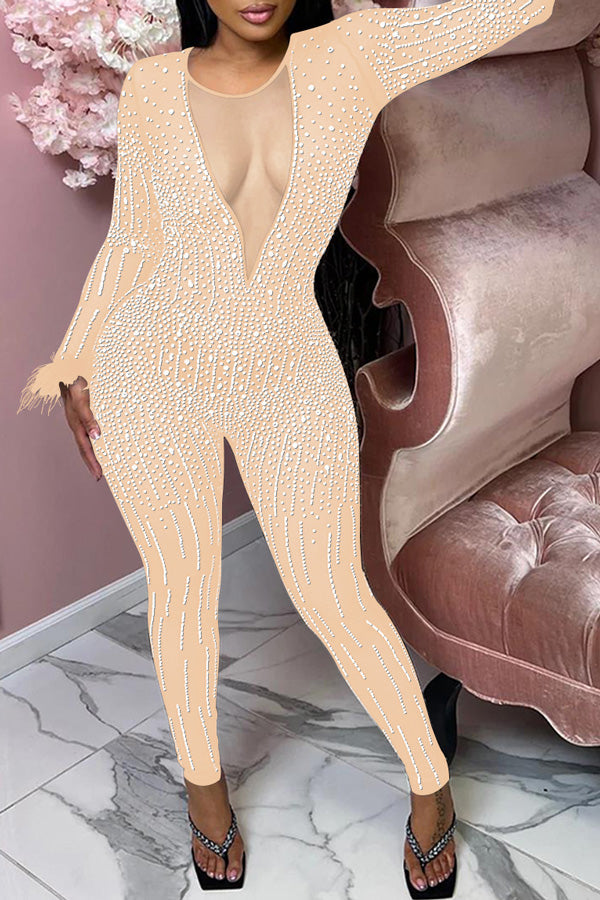 Goosudu Mesh Hot Diamond V-neck Long Sleeve Feather Jumpsuit
