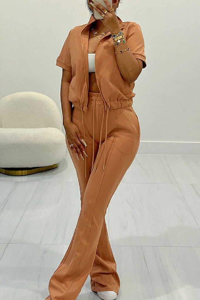 Goosudu Casual Solid Patchwork Zipper Collar Short Sleeve Two Pieces