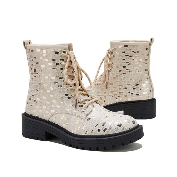 Goosudu Women Sexy Sequin Lace-Up Ankle Chunky Heel Boots