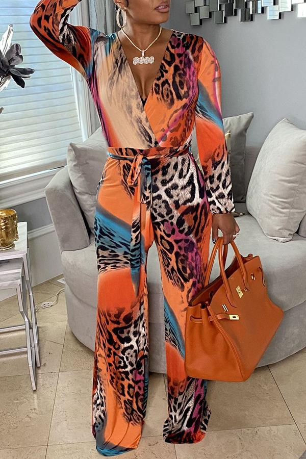 Goosudu Pretty Leopard V-neck Tie Waist Jumpsuit