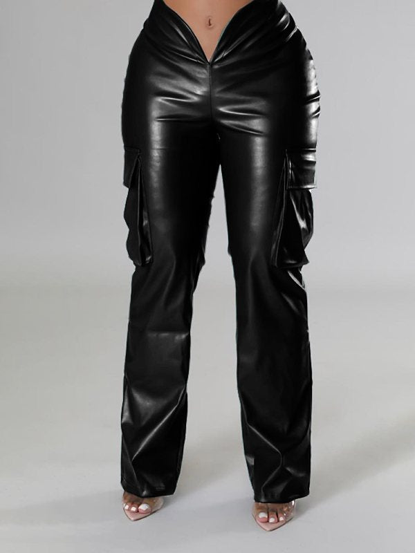 Goosudu Faux Leather Cargo Pants