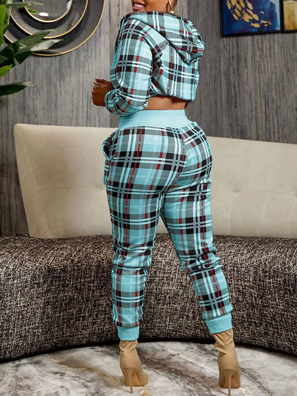 Goosudu Plaid Zip-Front Hoodie & Pants Set