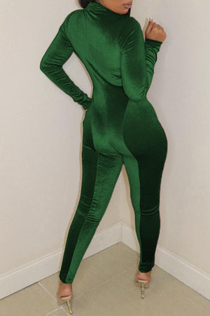 Goosudu Solid Color Velvet Stand Up Collar Zipper Slim Fit Jumpsuit