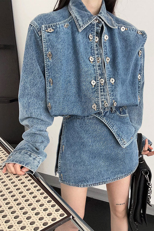 Goosudu Solid Color Button Design On-trend Denim Coat & Skirt