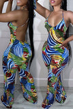 Goosudu Fashion Sleeveless Suspenders Painted Printed Backless Long Jumpsuit With Bandana