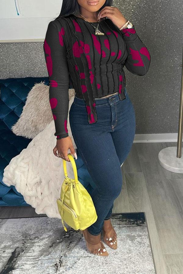 Goosudu Abstract Print Round Neck Cute Irregular Blouse