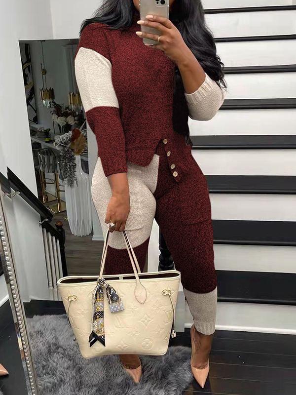 Goosudu Two-Tone Knit Top & Pants Set