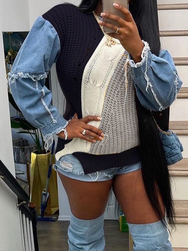 Goosudu Denim Combo Colorblock Sweater