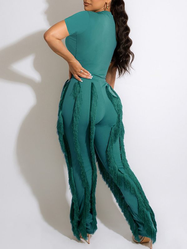 Goosudu Solid Tee & Fringe Pants Set