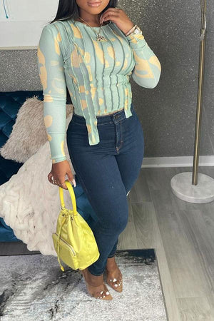 Goosudu Abstract Print Round Neck Cute Irregular Blouse