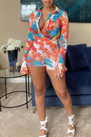 Goosudu Multi Palm Print Flare Sleeve Button Front Romper