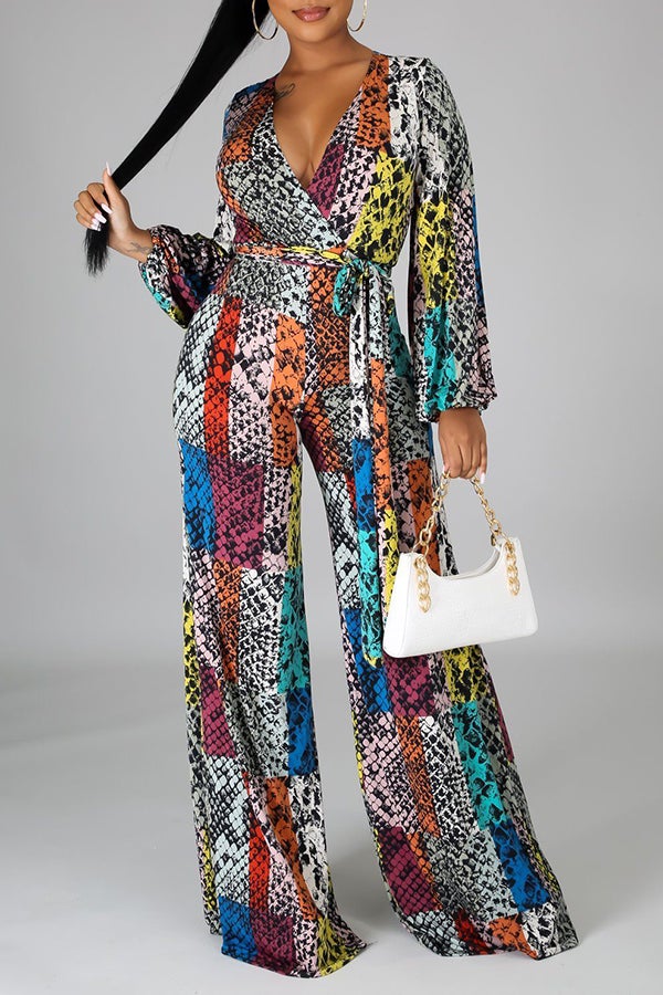 Goosudu Fashion Printed Flared Wide-leg Long-sleeved Jumpsuit