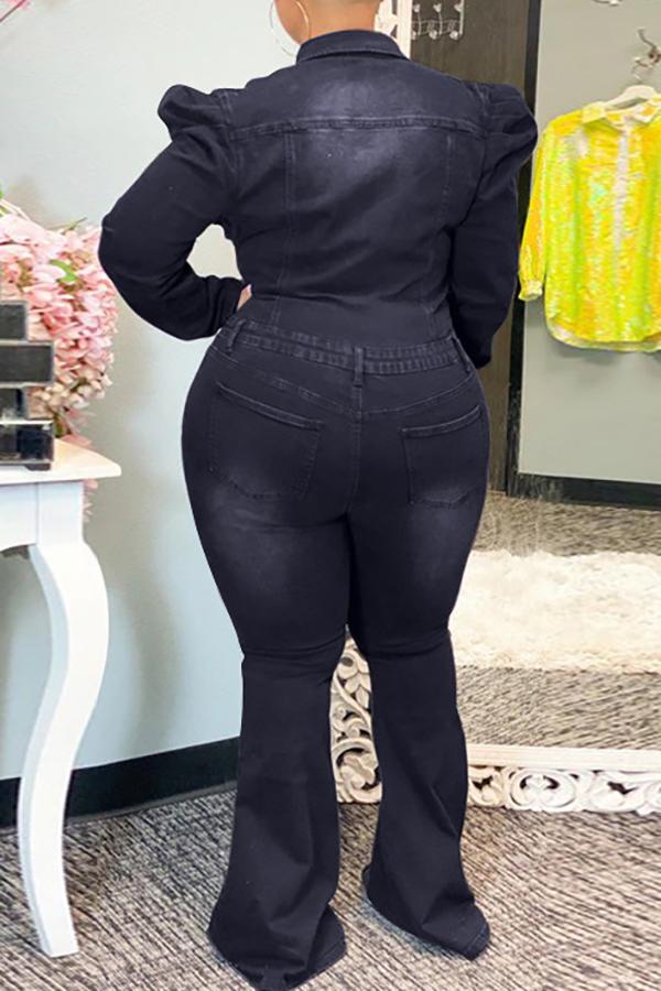 Goosudu Fashion Plus Size Wide Shoulder Denim Flared Jumpsuit