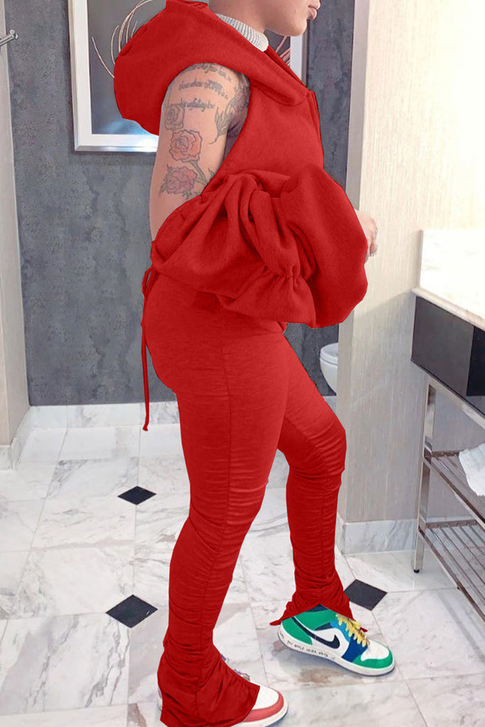 Goosudu Casual Solid Hollowed Out Patchwork Pocket Zipper Hooded Collar Long Sleeve Two Pieces