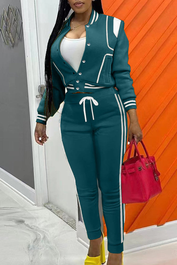 Goosudu Casual Street Solid Patchwork Draw String Buckle O Neck Long Sleeve Two Pieces