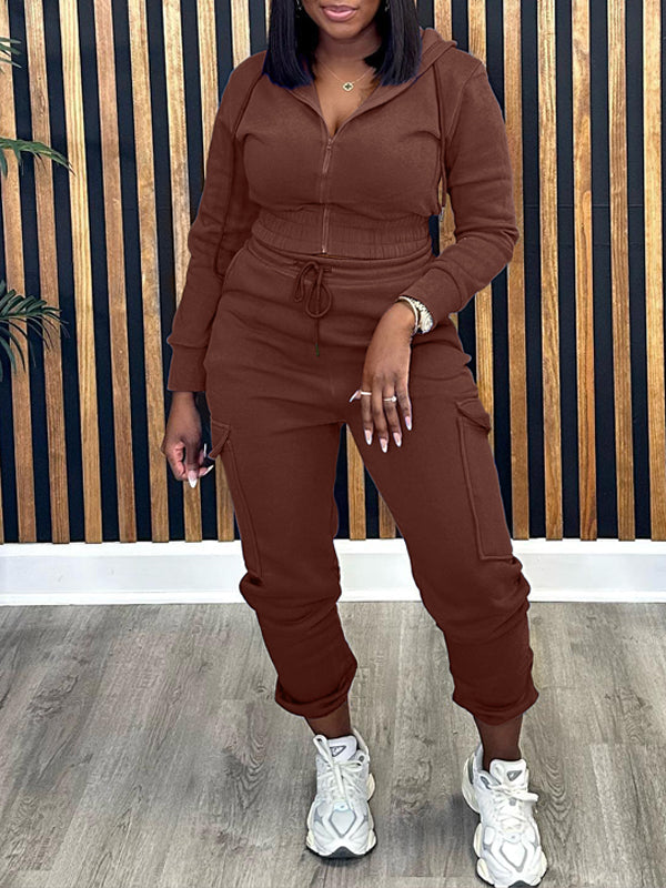 Goosudu Solid Zip-Front Hoodie & Cargo Jogger Pants set